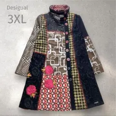 美品✨Desigual ジャガード　切り替え　総柄　薔薇　コート　3XL 派手