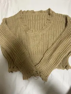 ベージュ Vネック リブ編み 長袖セーター