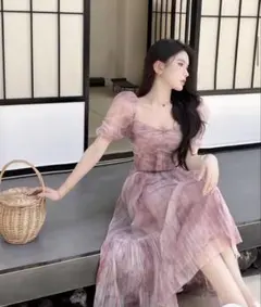 パフスリーブメッシュドレス ピンク ワンピース