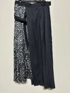 レディース 濃グレー×ヒョウ柄 ヒダ切り替えスカート