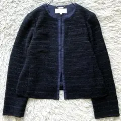 【2023年 極美品】自由区　ノーカラーツイードジャケット　紺　44号　ラメ入り