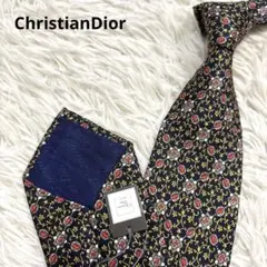 【未使用】ChristianDior ネクタイ 総柄 花柄 シルク ネイビー