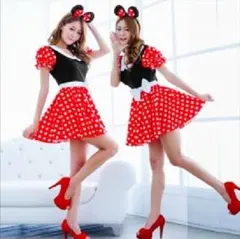 ★ミニーちゃん風★ドッド柄ワンピース　コスプレ衣装　カチューシャ付き