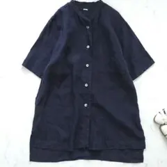 【群言堂　根々　石見銀山】リネン　ワンピース　千鳥柄♪　プルオーバー　ネイビー 群言堂 根々 石見銀山】リネン ワンピース 千鳥柄♪ プルオーバー