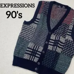 【希少】90's EXPRESSIONS クレイジーパターン　総柄ニットベスト
