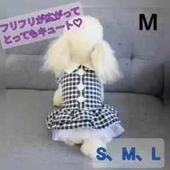 【Mサイズ】犬の服　ブルーチェックにお花のワンポイント　フリルスカート