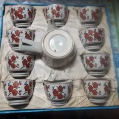 九谷焼赤い花柄急須と湯呑みセット