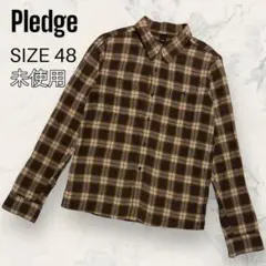 【ほぼ未使用】 Pledge シワ加工入り チェック シャツ 長袖 ブラウン