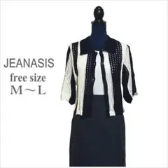 ｛ジーナシス｝黒白透かし編みニットカーディガン 五分袖 六分袖 フリー M～L位