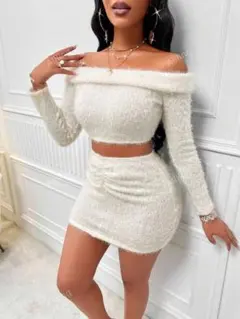 オフショルダー ファジーセットアップ ホワイト