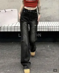 ブラック デニム ワイドパンツ カーゴポケット