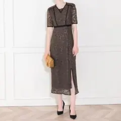 leja 袖透け感花柄レース配色パイピングスリットロングドレス ブラウン M