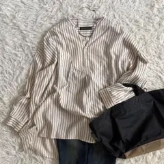美品 チノ リネン コットン ブザム シャツ バンドカラー ストライプ 