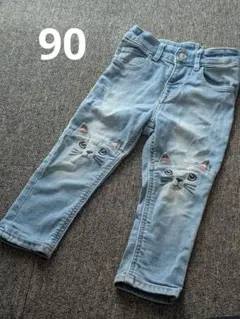 H&M　90　猫の顔　刺繍デニムパンツ 40サイズ