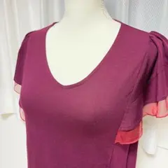 フリル袖 カットソー ボルドー 半袖 M レディース 上品 きれいめ Vネックのサムネイル