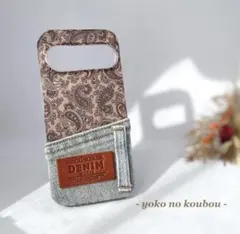 【オーダー】ペイズリー柄(茶)×デニム スマホケース