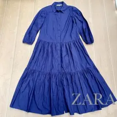 ZARA ポプリンパネル シャツワンピース Mサイズ ネイビー マキシ丈