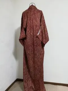 赤紫色とオレンジのストライプ小紋着物