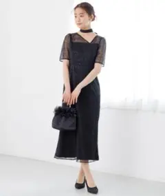 美品✨️kaene　チェックレース×チョーカー付きドレス/結婚式　ブラック