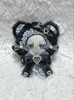 ツイードリボンのくまさん.12〜14cm/ブラック❤︎おすわりぬい服 ちびぐるみ ぬいぷらす らぴぐるみカスタム ツイードリボン ブラック| FUKUYA