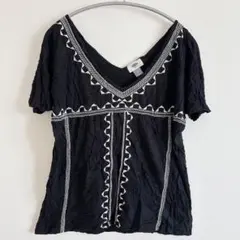美品✨ OLD NAVY 【XS】 黒 刺繍 チュニック 半袖 カジュアル