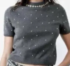 ZARA グレー パール装飾 半袖ニット L