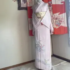 訪問着　袷　ピンク　4点フルセット　着物　落款あり　袋帯　帯揚げ　帯締め