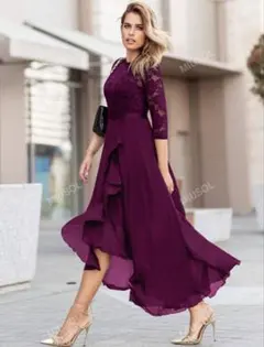 フローラルレース フォーマル パーティードレス　長袖　ロングドレス レッド