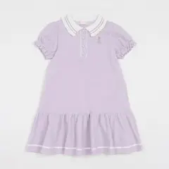 メゾピアノ　クマ刺しゅう　ポロ衿パフスリーブ　ワンピース　ラベンダー 130cm