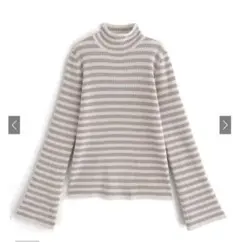GRL ボーダー柄フレアスリーブリブニットトップス　ハイネック　ベージュ