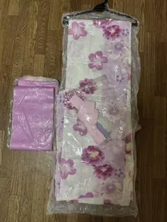 浴衣一式　帯セット ピンク紫花柄　レディース　クリーニング済み
