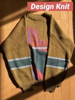 古着　デザインニット　総柄ニット　セーター　個性　ベージュ　ブラウン茶