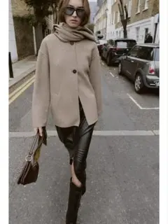 ZARAウールショートスカーフコート ブラックL