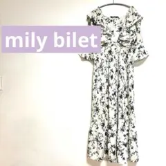 ☆ミウィビレットmily biletアイボリーフリル襟花柄肩スリットワンピースL