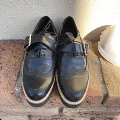 黒 レザー バックル付きオックスフォードシューズ