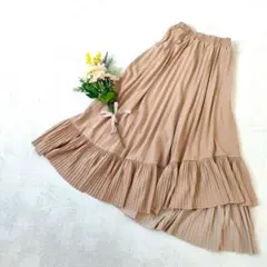 プリーツスカート ♪ ウエストゴム ベージュ アシメ アンバランスプリーツ