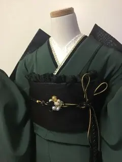 振袖フルセット　深緑　カーキ　黒　金　正絹　色無地　振袖6点セット　成人式