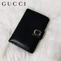 【美品】GUCCI レザー 二つ折り財布 プレート コンパクト ロゴ プレート