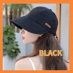 つば広帽子 紫外線対策 キャップ 黒 バケットハット 日差し除け UVカット