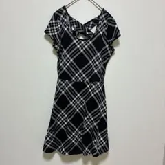 チェック柄 半袖 ミニワンピースFREE ミニ 黒 ブラック 白黒 ワンピース
