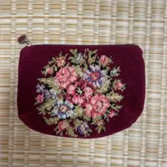 FEILER 花柄刺繍 ポーチ ワインレッド