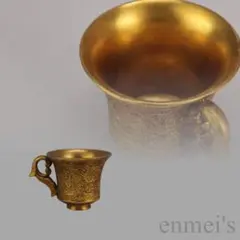 中国古美術 旧蔵 唐代 大唐貞觀款 鍍金銅酒杯 精銅製 小盃 純手作り 鍍金装飾のサムネイル