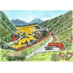 原画一点物　「ローカル線の秋」　＜ペンスケッチ＋透明水彩＞
