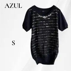 AZUL by moussy レース切替 半袖ニット ビジュー装飾 ブラック Sのサムネイル