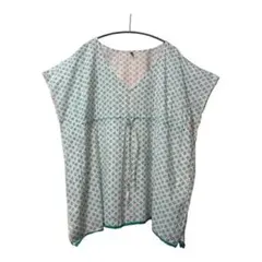 ベネトン 【美品】総柄 チュニック カフタン ブラウス Vネック ターコイズMのサムネイル