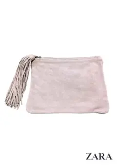 ZARA ピンクベージュ スエード クラッチバッグフリンジ付