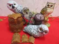 （8AA3473）フクロウ置物　まとめて9点　木製・ワレモノ　グレー・茶他