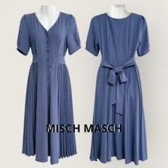 美シルエット✨ミッシュマッシュ プリーツ切替ロングワンピース ブルー M リボンのサムネイル