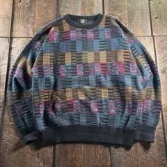 古着　USA製　総柄　ニット3Dニット　マルチカラー　JP:XL相当.
