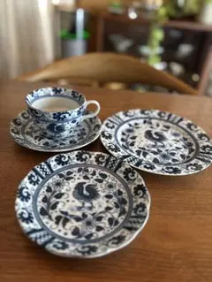 青と白の花柄 陶器カップとケーキ皿セット